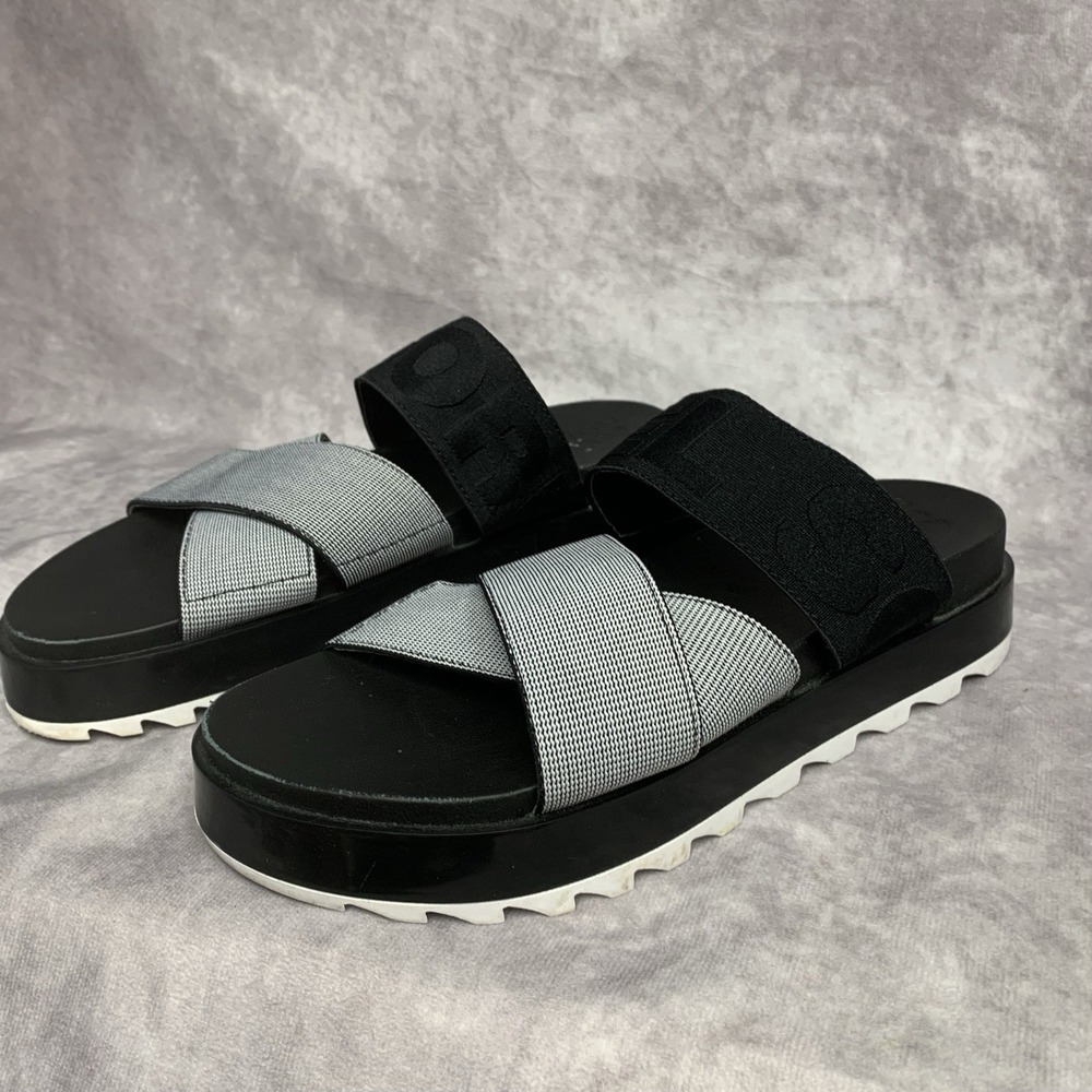 Sorel Roaming Sport Slide Sandals Women 7.5 Black White Crisscross Elastic Strap
